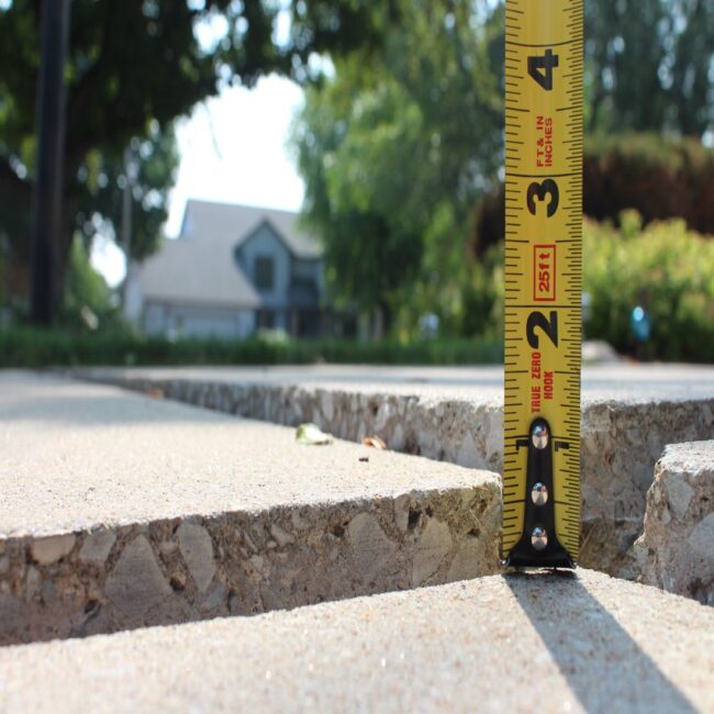 Tape measuring uneven concrete slabs in a driveway