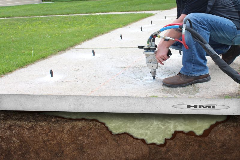 Man injecting polyurethane foam into a concrete slab with an injector gun